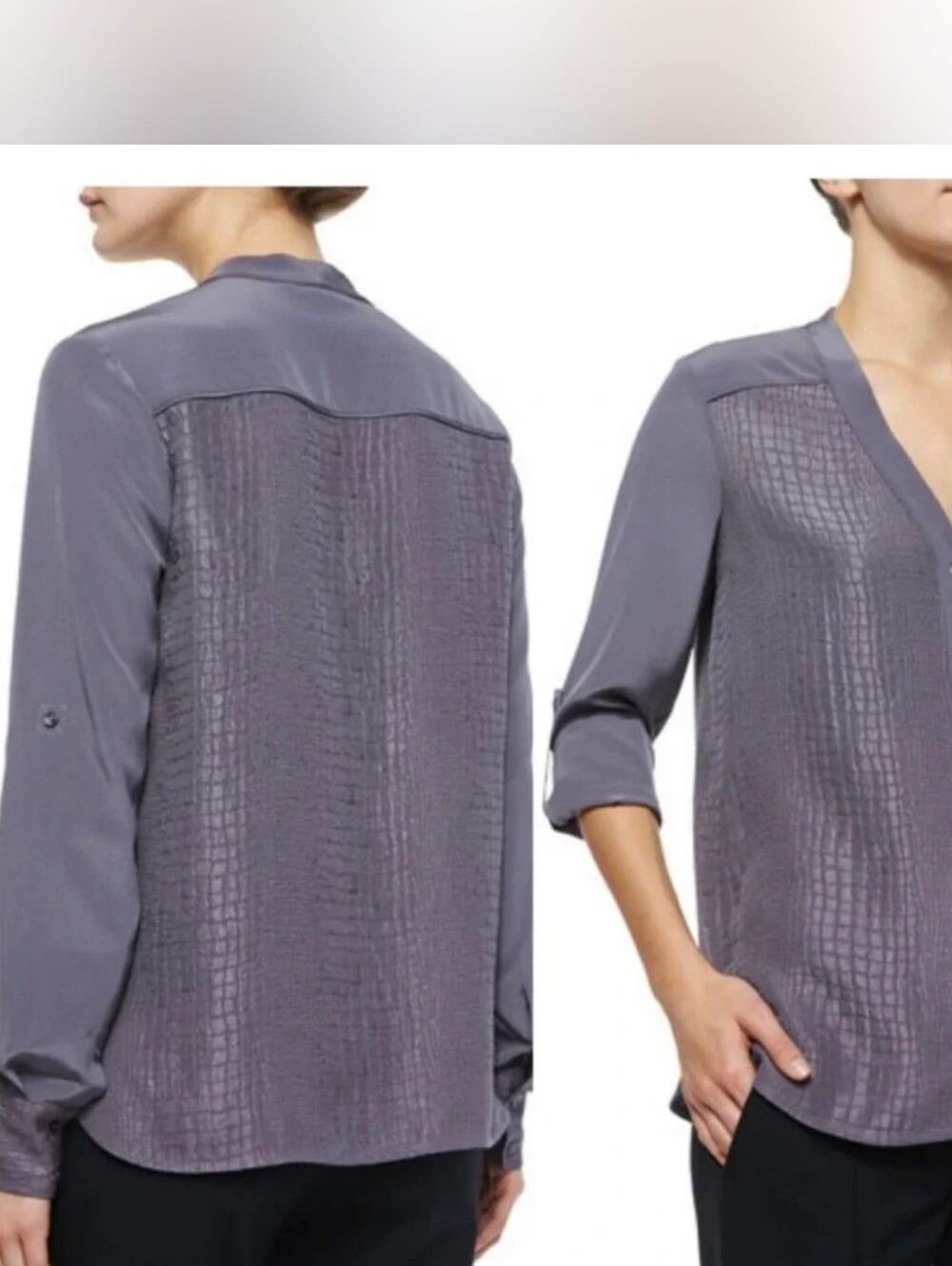 Vince 100% Silk Womens Grey Reptile Textured V-Neck Blouse